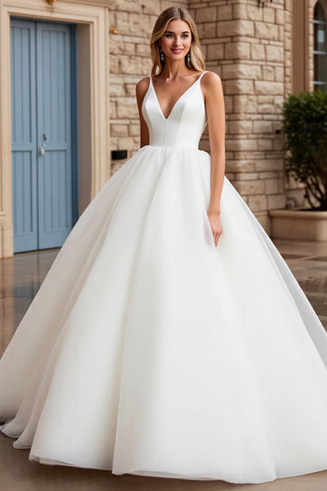 A Line Ivory Spaghetti Straps Ball Gown Long Wedding Dress